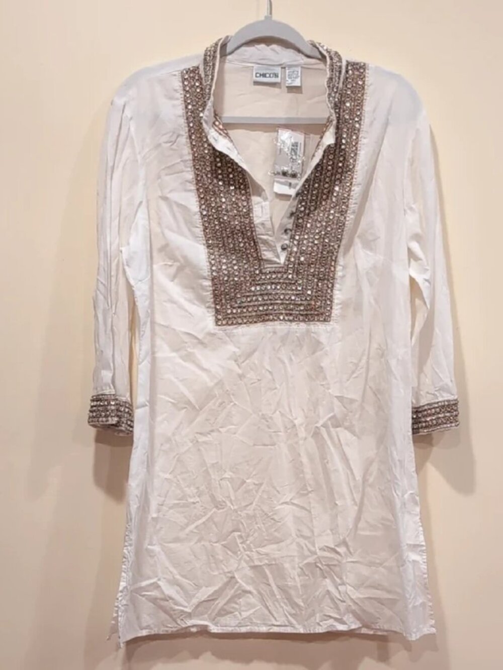 Chico's White Tunic with Brown Embellishments NWT Check Sizing